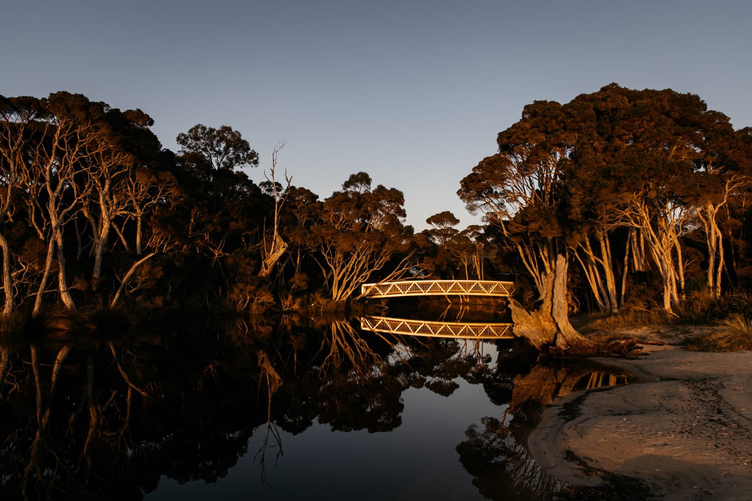 A bridge spanning over a small lake